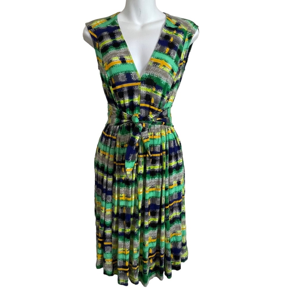 Plenty by Tracy Reese Abstract Print Dress Women XS Green Multi Tie Waist Boho